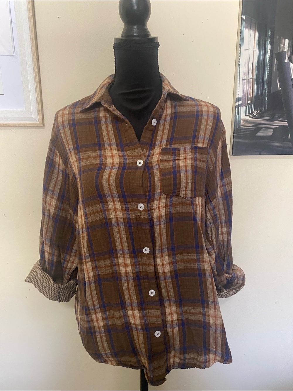 Listicle Brown Plaid Button-Down Shirt with Blue Stripes Sz S